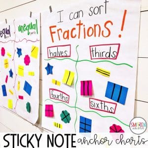 fun fraction activities, games, read alouds, and sticky note fraction anchor chart for kindergarten, 1st grade and 2nd grade