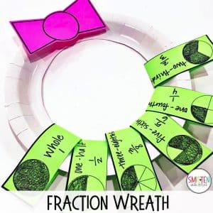 fun fraction games, activities, and hands on fraction introduction or fraction review craftivity wreath for 1st grade, and 2nd grade