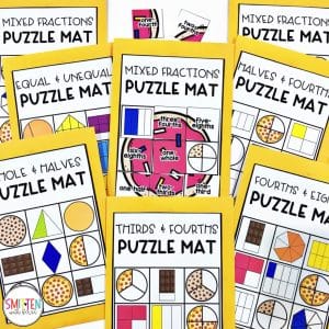 These Faction Puzzle Mats are quick prep activities and great for 1st grade, 2nd grade, morning work, centers, intervention, or fast finishers. They cover mixed fractions, equal fractions and unequal fractions, whole, halves, thirds, fourths, and eighths. These fraction puzzle mats are fun, self correcting, and engaging for your first graders and second graders. 