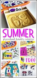 These Summer Centers and Activities for Pre-K, Preschool, and Kindergarten are packed with fun, hands on, and engaging activities for teaching math, counting, numbers, 1 to 1 correspondence, shapes, patterns, graphing, non-standard measurement, literacy, beginning sounds, pre-primer sight words, and letters. These summer centers and activities include several fine motor activities like a watermelon name craft, pre-writing tracing cards, rhyming words, summer sand sensory tray, and several other end of year summer theme activities. Click here to download a free ocean theme summer activity.