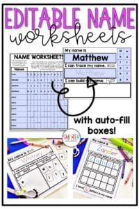 Editable Name Worksheets to practice reading, tracing, and writing names