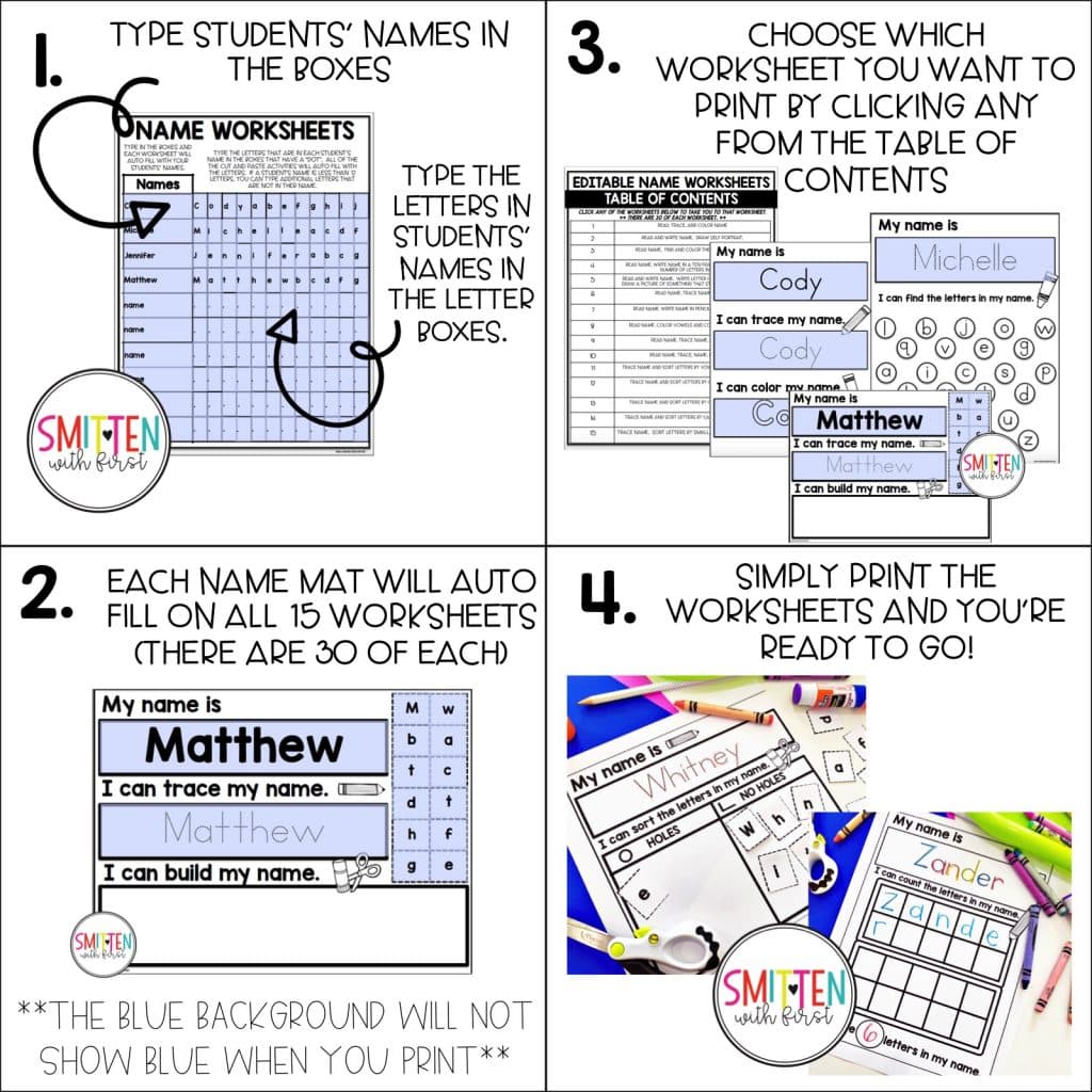 Editable Name Worksheets to practice reading, tracing, and writing names