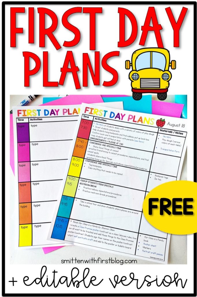 FREE First Day of School Lesson Plans Editable Template