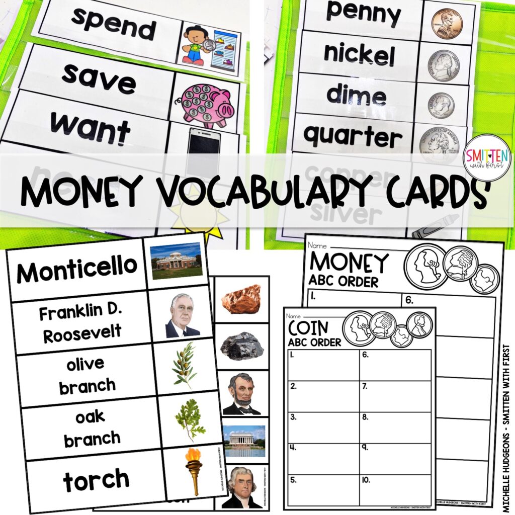 Identify and Count Coins Activities Centers Worksheets Kindergarten 1st Grade 2nd Grade Coin Vocabulary Cards