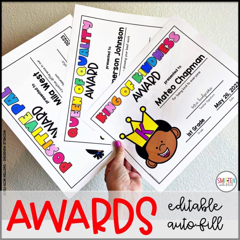 editable autofill end of year awards for kindergarten, 1st Grade, 2nd Grade